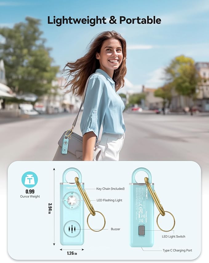 TECKNET Rechargeable Personal Safety Alarm for Women, 130dB Self Defense Keychain Alarm with SOS Strobe Light, Low Battery Notice, Personal Alarm Loud Siren Safety Keychain for Girls Kids Elderly