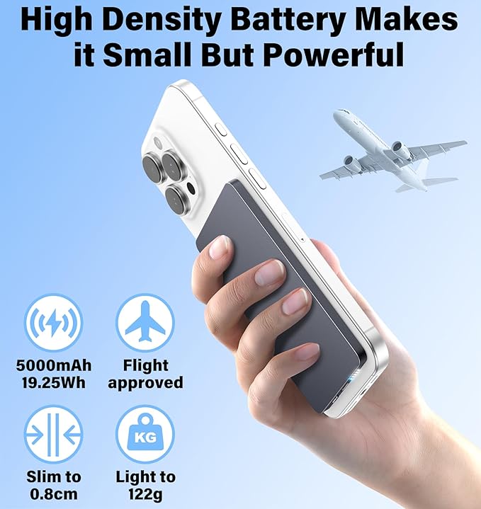 5000mAh for Magsafe Battery Pack Mini 22.5W Wireless Power Bank Fast Charging USB C in Out Power Pack, Magnetic Portable Charger Slim Powerbank for iPhone 17 16 15 14 13 Plus/ Pro/ Pro Max, Black