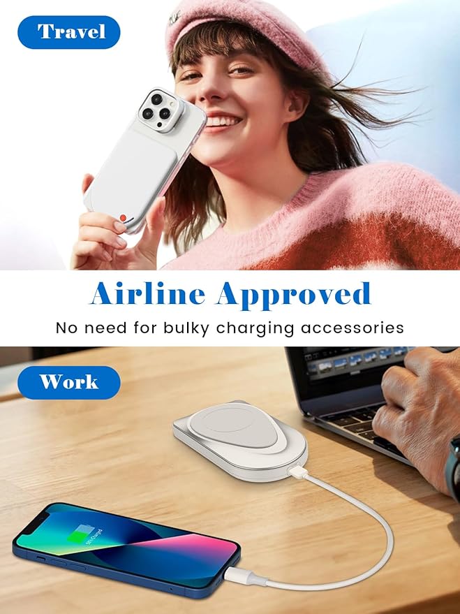 Magnetic Portable Charger, 10000mAh Wireless Power Bank USB-C Cable, MagSafe-Compatible Battery,Portable Charger Power Bank for iPhone 17/16/15/14/13/12 Series, Samsung,Android (White)