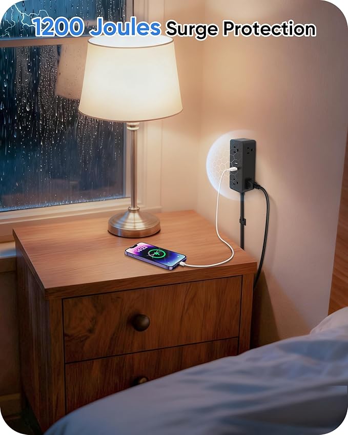 Electrical Outlet Extender Stick, Features 4 USB & 6 Outlets, 19in Flexible Extension Cord Access Hard-to-Reach Outlets, Wall Plug Power Socket Expander Nightstands Sofa Desk