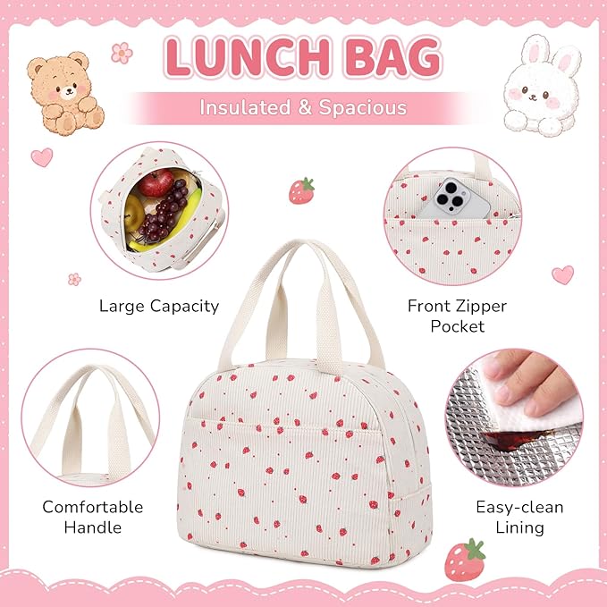 PIG PIG GIRL Corduroy Backpack 3PCS Kids Backpack for Girls School Bags for Middle School Students Book Bag for Elementary Primary Kawaii Ita Backpack with Lunch Box Pencil Case Set, Beige Strawberry