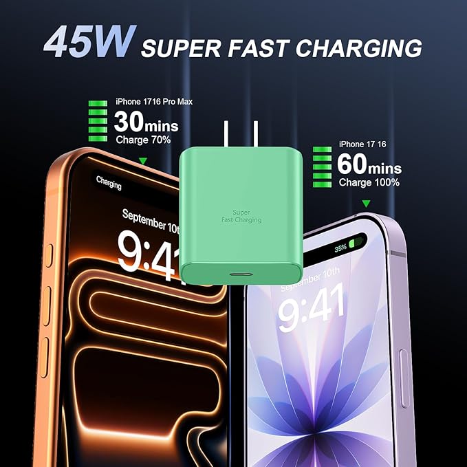 Phone 17 16 Pro Max Charger Fast Charging, 45W USB C Phone 17 16 Super Fast Charger Block with 10ft Long Type C Charging Cable Cord for i.Phone 17 Pro Max/17 Pro/17 Air/17/16/16Pro/16 ProMax-Pink