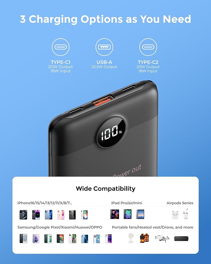 VEEKTOMX Small Portable Charger 10000mAh, Mini Power Bank 22.5W Fast Charging, Slim & Lightweight Travel Essentials, 3-Output External USB C Battery Pack Compatible with iPhone 17 16 15 (Dark Black)