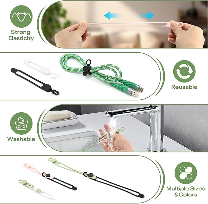 Silicone Cable Organizer Ties, Reusable Elastic Cord Ties 4.2in for Charging Cables, Electrical Cords Computer Wire Organization(24Pcs, 4Colors)
