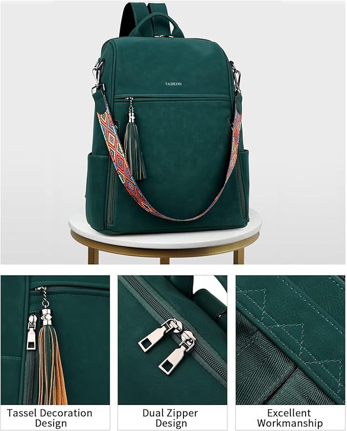 FADEON Leather Laptop Backpack for Women Designer 15.6 inch PU Laptop Bag, Ladies Travel Computer Work Backpack Green
