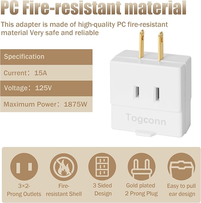 2-Prong to 2-Prong 3-Side Outlet Plug Splitter Converter - 5 Pack, Non-Ground Outlet for Old Home, Hotel, White