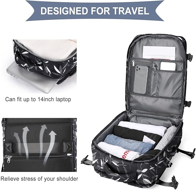 WONHOX Large Travel Backpack Women, Carry On Backpack,Hiking Backpack Waterproof Outdoor Sports Rucksack Casual Daypack Fit 14 Inch Laptop with USB Charging Port Shoes Compartment, Leaves Black