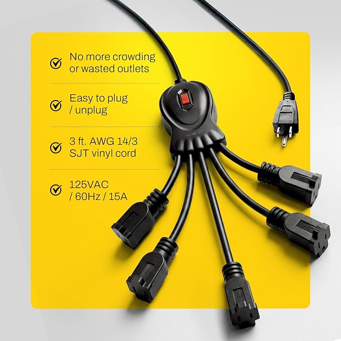 STANLEY PowerSquid 5 Outlet Multiplier Cord 3 Ft 125V/15A 1875W Power Cord Splitter 14/3 AWG Cable Extension Cord 3 Prong AC Black Power with Circuit Breaker for Monitor Computer TV Laptop
