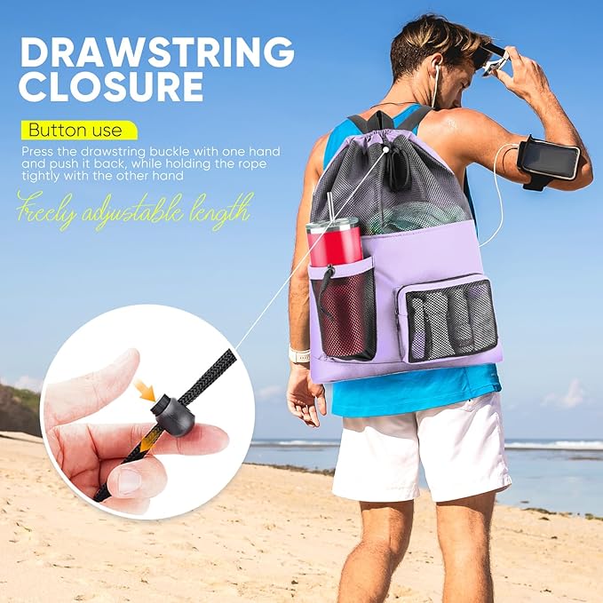 HOHOM Swim Mesh Beach Bag, Waterproof Gym Bags for Women and Men, Large Pool Bag Swimming Gear Drawstring Backpack