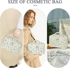 Gosect Large Travel Quilted Makeup Bag for Women,Big Floral Cotton Cosmetic Bag, Cute Coquette Aesthetic Floral Toiletry Organizer Bag (Blue Flower)