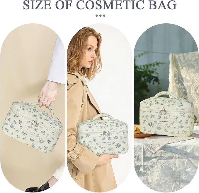 Gosect Large Travel Quilted Makeup Bag for Women,Big Floral Cotton Cosmetic Bag, Cute Coquette Aesthetic Floral Toiletry Organizer Bag (Blue Flower)