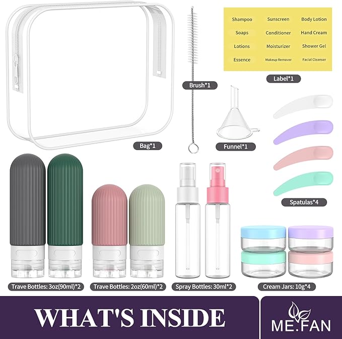 ME.FAN 18 Pack Travel Bottles for Toiletries, TSA Approved Silicone Portable Size Bottle, Refillable Cosmetic Container Kits for Conditioner, Shampoo, Lotion,Face Cream - Morandi