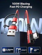 JSAUX 3-in-1 USB-C Cable 2-Pack 10FT, 100W Right Angle Fast Charging Cord with USB-A Adapter for iPhone 16/15, Galaxy S25/S24, iPad, MacBook, Steam Deck - Red