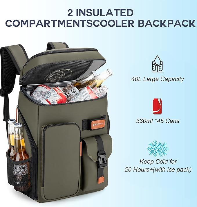 BAGPARKK Insulated Cooler Backpack,33/45 Cans Multifunctional Double Deck Leakproof Cooler Bag with Sternum Strap,Large Capacity Lightweight Travel Camping Beach Backpack