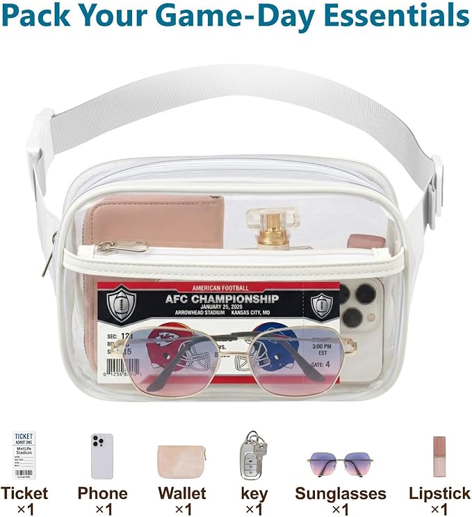 Veckle Clear Fanny Pack Stadium Approved - Plus Size 35-51 Inch Adjustable Strap Transparent Belt Bag for Women Fits 7.5" Smartphone, Clear Bag for Stadium Events Concerts, 2-Pack, 1 Black & 1 White