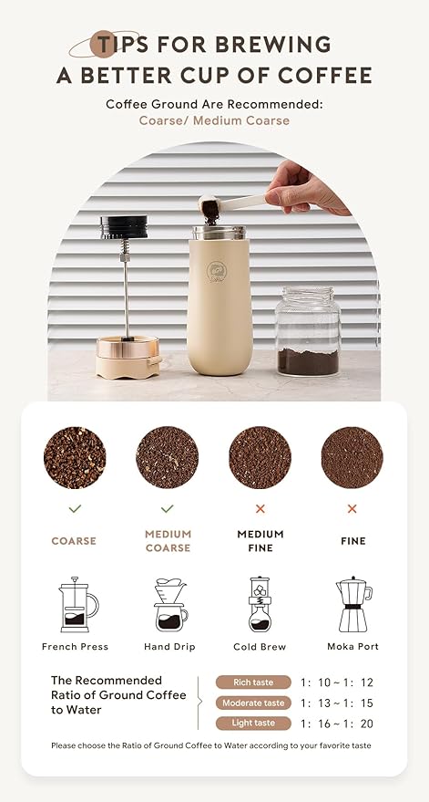 Travel Coffee Press, Vacuum Insulated Portable French Press, Stainless Steel Portable Coffee Maker/Tea Press, 12oz, Beige
