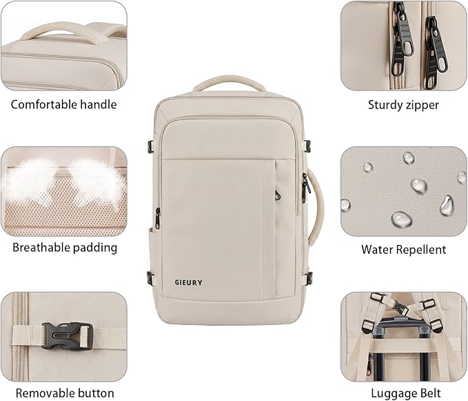 Gieury Travel Backpack, Extra Large 50L Expandable Backpack for Men Women, Carry On Backpack For Airplanes, Travel Essentials Luggage Suitcase Daypack Travel Gift Weekender Bag, Beige