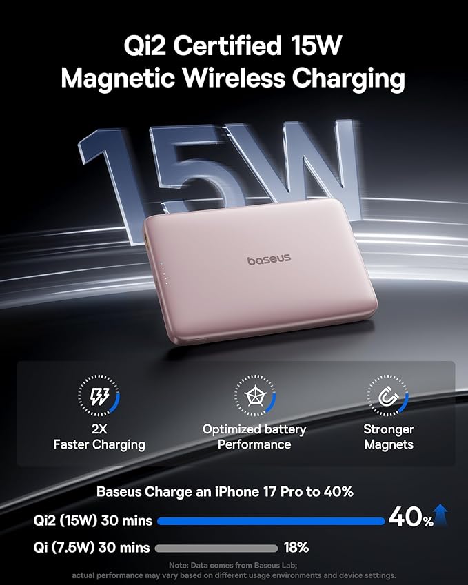 Baseus Picogo Magsafe Portable Charger, Qi2 15W 0.5" Ultra Slim 10000mAh Wireless Power Bank, 27W Fast Charging Magnetic Battery Pack with USB-C for iPhone 17 Pro Max/17 Pro/Air/16/15/14/13/12