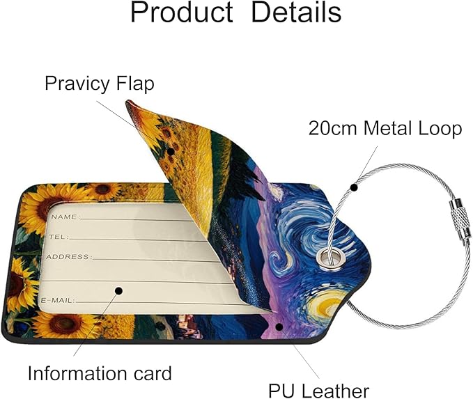 2 Pack Luggage Tags for Suitcases, PU Leather Bag Tag with Privacy Cover Address Card Travel Essentials-Starry Sky Sunflower