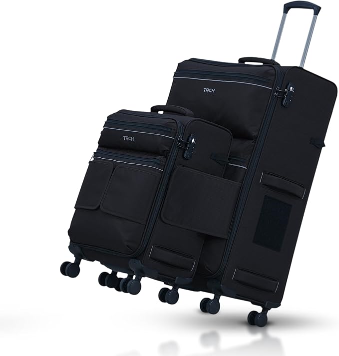 TACH LITE Samba Soft Connectable 2 Piece Luggage Sets - 20 & 28 inch Luggage | Small Carry On & Large Checked Suitcases | Patented Built-In Connecting System | Rolling Suitcase Links 6 Bags (Black)