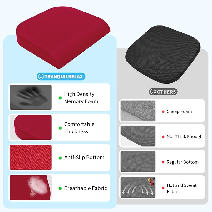 TranquilRelax XLarge Seat Cushion, Memory Foam Cushion for Long Sitting Hours on Office Chair, Home & Car, Non-Slip Chair Pad for Relieving Back & Sciatica & Hip & Coccyx Pain (Red)
