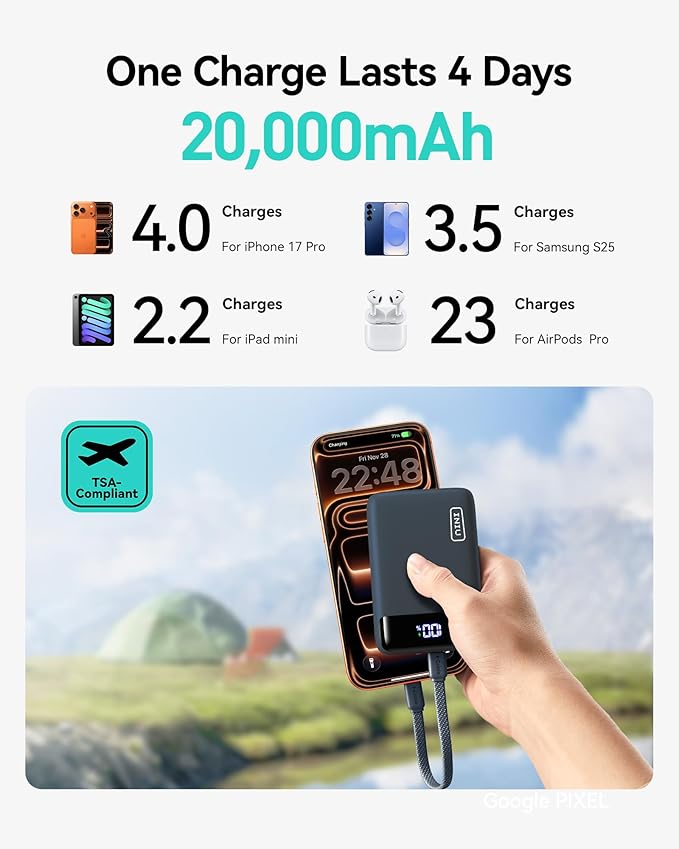 INIU Smallest 20000mAh Power Bank, 22.5W PD Fast Charging Portable Charger with Detachable Cable, Flight-Safe Battery Pack with LED Display for iPad Students Women Men Girls Boys Outdoor, Blue