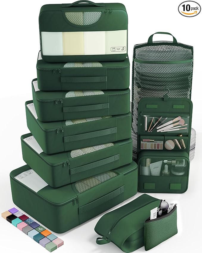 Veken 10 Set Packing Cubes for Travel Essential, Suitcase Organizer Bags in 4 Sizes, Carry-On Luggage Accessories with Large Laundry & Hanging Toiletry Bag, Must-Have for Airplane, Road Trip & Camping