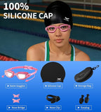 7 in 1 Swim Goggles + Swim Cap for Men Women,No Leak Anti-Fog & UV, Wide Visio HD Mirror PC Lens