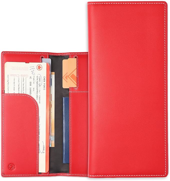 Leather Passport Holder for Travel with AirTag Holder, RFID Blocking Passport Wallet with Card Slots for Men & Women (Red)