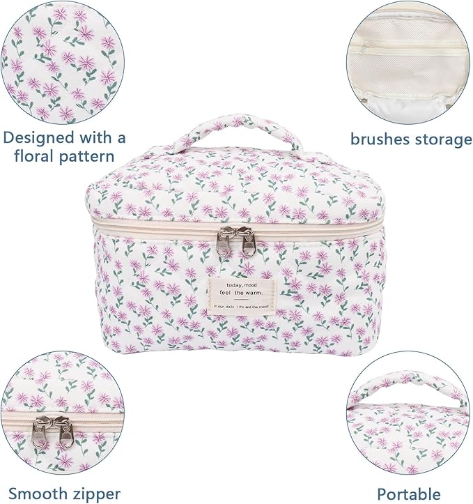 Gosect Large Makeup Bag, Cute Cosmetic Bag for Women Girls, Floral Coquette Aesthetic Toiletry Bag, Travel Make Up Organizer Bag (Purple Flower)