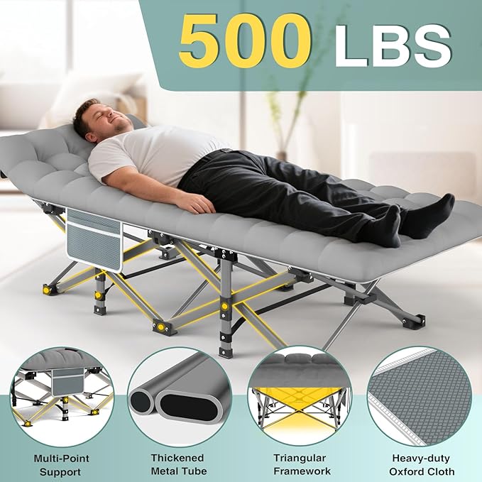 ZENPETIO Camping Cot for Adults - Heavy-Duty Cot Bed with Mattress, Portable Sleeping Cots for Outdoor Indoor, 1200D Oxford Folding Cots for Home Travel, Max Load 500LBS, Fits People up to 6'3", Gray