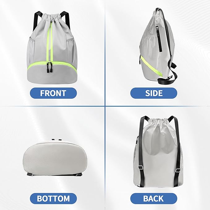 JELUTAR Drawstring Backpack Gym Bag with Shoes Compartment for Soccer, Basketball, Swim, Water-Resistant String Backpack Beach Cinch for Women Men, Grey