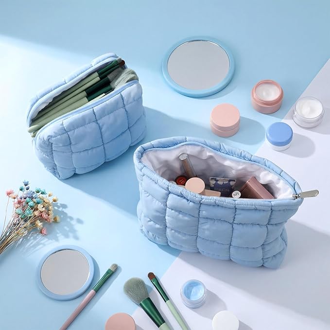 Huhumy 2 Pcs Puffy Makeup Bag Quilted Cosmetic Pouch for Women Cute Checkered Travel Toiletry Bag Puffer Makeup Organizer Purse Pouch Preppy Pencil Case with Zipper(Blue)