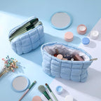Huhumy 2 Pcs Puffy Makeup Bag Quilted Cosmetic Pouch for Women Cute Checkered Travel Toiletry Bag Puffer Makeup Organizer Purse Pouch Preppy Pencil Case with Zipper(Blue)