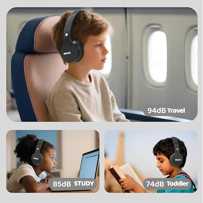MIDOLA Kids Headphones Bluetooth 5.4 Wireless 68H Play Time Volume Limit 85/94dB Over-Ear Foldable Headset,Type-C Fast Charging,with Wired Aux Mic for Toddler Child Pad Tablet Black