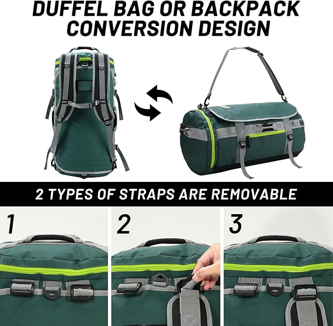 MIER Large Duffel Backpack Sports Gym Bag with Shoe Compartment, Heavy Duty and Water Resistant, Green, 60L