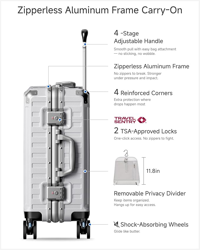 Carry On Luggage with Spinner Wheels, 8010S Aluminum Frame Zipperless Polycarbonate Hard Shell Suitcase (ZX-Core, Silver, 20 Inch)