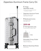 Carry On Luggage with Spinner Wheels, 8010S Aluminum Frame Zipperless Polycarbonate Hard Shell Suitcase (ZX-Core, Silver, 20 Inch)