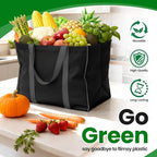SpaceWhisper Reusable Grocery Bags with Long Handles [3 Pack] - Multipurpose Shopping Bags for Groceries, Foldable Grocery Totes Resist Water & Stains for Kitchen, Car Trunk, Picnic (Black)