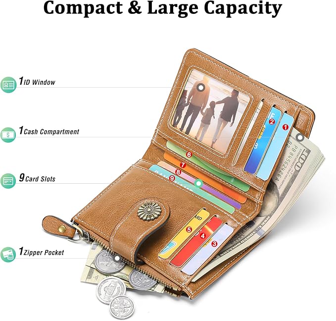 Small Wallet for Women Bifold Credit Card Holder RFID Blocking with Zipper Pocket