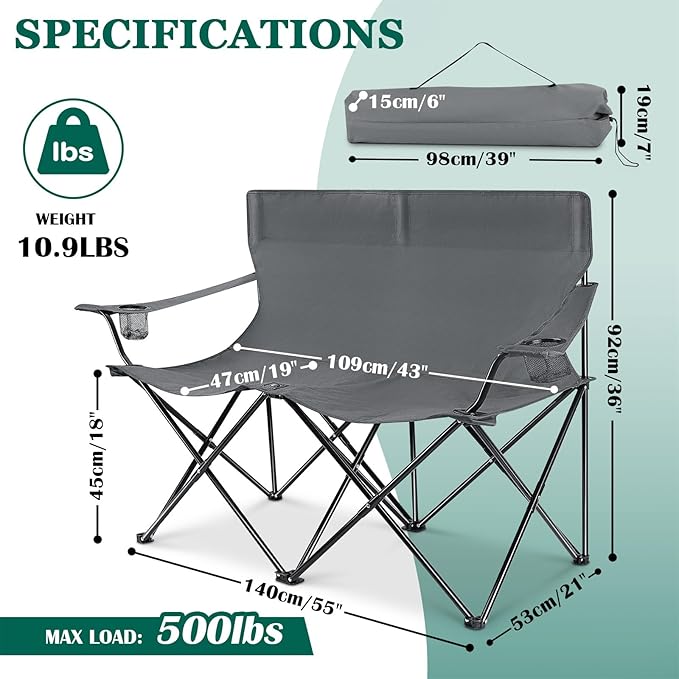 Leonyo Double Camping Chair, Loveseat Camping Chair with Folding Table, 2 Person Outdoor Folding Beach Chairs for Adults, Cup Holders & Carry Bag for Outside Travel, Supports 500lbs, Grey
