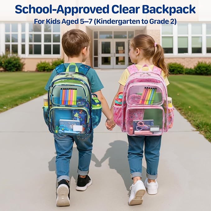 Bagseri Clear Backpack for Boys - 15 Inch Heavy Duty Kids Clear Bookbag for Kindergarten to Grade 2, Transparent School Bag with Reflective Strip, Fits Folders, Green Dinosaur