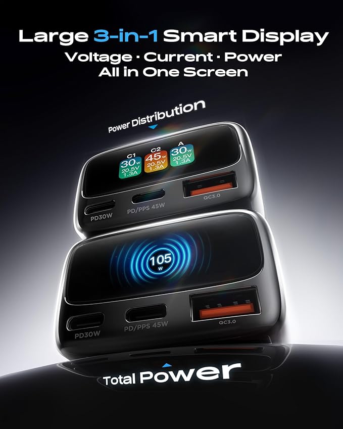 105W USB C Car Charger with Digital Color Display, 3-Port Fast Charging Cigarette Lighter Adapter for iPhone 17/16/15 Pro Max, Samsung S26, Travel Car Accessories Gifts for Men Women + 3FT USB-C Cable
