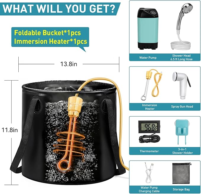 Portable Hot Shower for Camping Shower Tent Kit, 1000W Immersion Heater, Rechargeable Camping Shower Pump, Pop Up Shower Tent with 6.6 Gallons Folding Bucket for Adults Outdoor