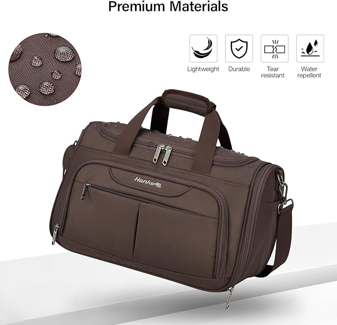 Hanke Large Capacity Travel Duffel Bag, Carry On Luggage with 12 Pockets, 17 Inch Laptop Compartment, Wet Dry Separation & Independent Shoe Bag, Lightweight Foldable Duffel Bag for Women Men（Coffee）