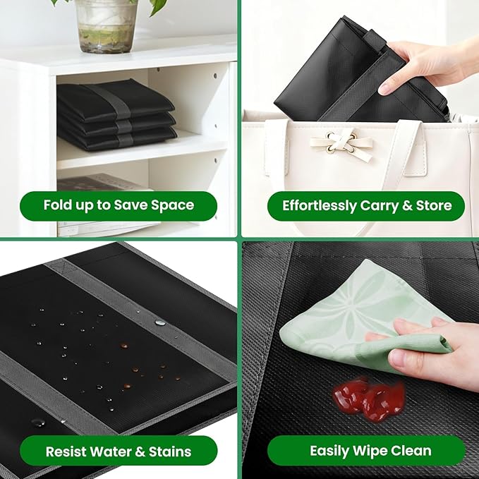 SpaceWhisper Reusable Grocery Bags with Long Handles [4 Pack] - Multipurpose Large Shopping Bags for Groceries, Foldable Grocery Totes Resist Water & Stains for Kitchen, Car Trunk, Picnic (Black)