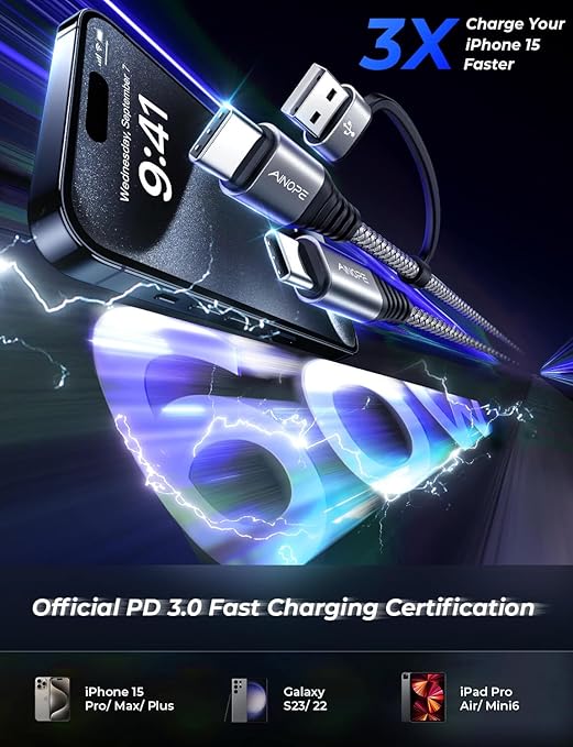 AINOPE USB C to USB C Cable, 6 FT USB C Cable Fast Charging with USB to USB C Adapter, 60W USB to USBC Cable for iPhone 17 Pro Max Air Type C Cable for iPhone 16/15/14/13/12 Samsung, Black