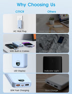 Portable Charger with Built-in Cables and Wall Plug, 10000mAh PD20W USB C Power Bank Fast Charging with LED Display, External Battery Pack Travel Essentials Compatible with iPhone, iPad, Samsung Blue