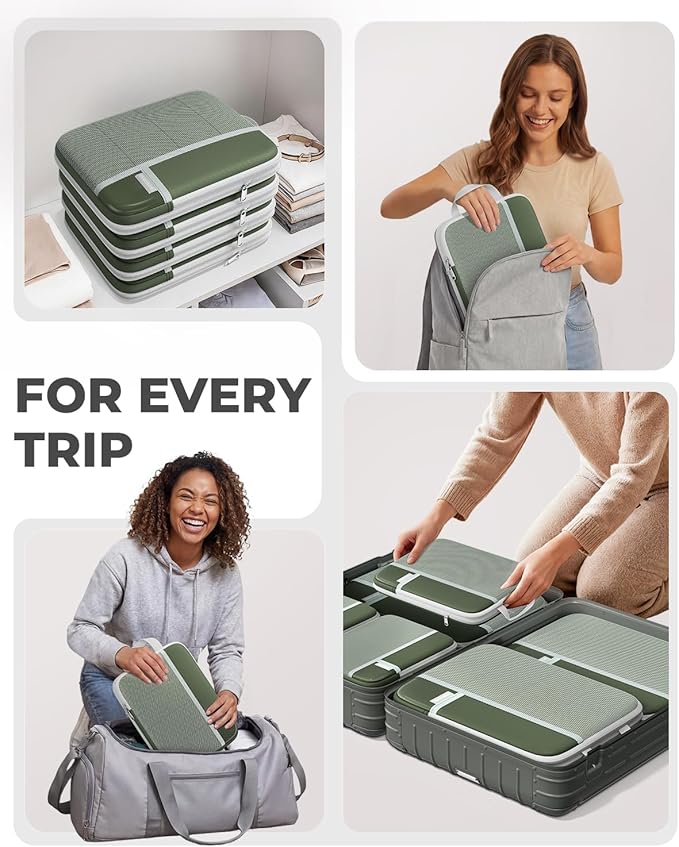 Percover Compression Packing Cubes 8-Piece Set, Packing Cubes Compression for Travel with Laundry Bag & Shoe Bag, Travel Organizer for Carry On & Checked Luggage, Green