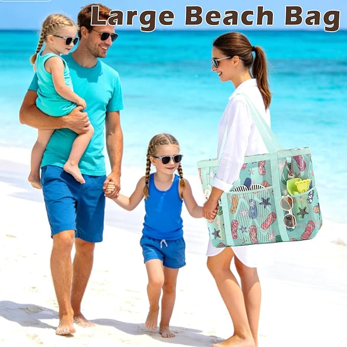 Fammart Mesh Beach Bag with Zipper, Large Beach Tote for Women, Toys Pool Swim Bag Travel Vacation Cruise Essentials